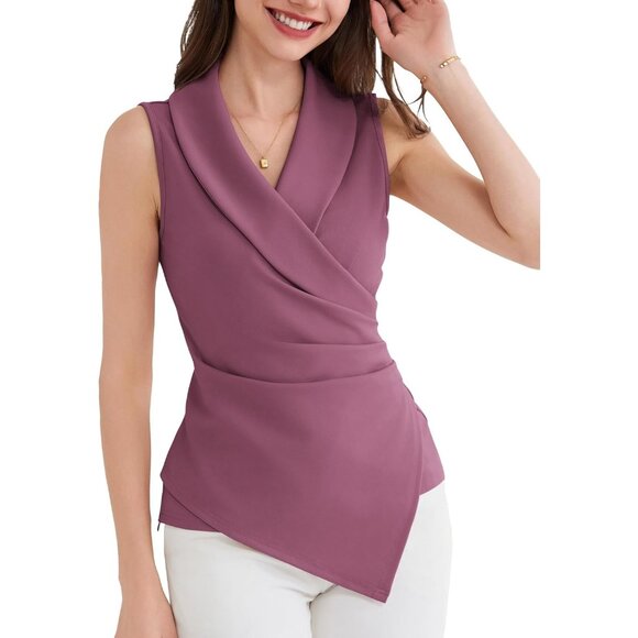 💫 Women Wrap V Neck Casual Work Top Pink Sleeveless Office Dressy Summer Blouse - Picture 1 of 6